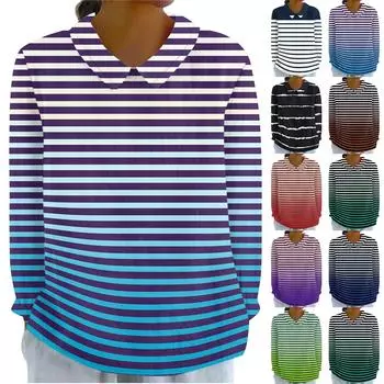 Женская мода, свободная полосатая рубашка с длинным рукавом и кукольным воротником, повседневный топ на пуговицах XXXL чёрный