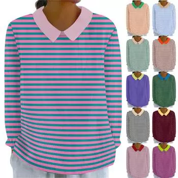 Женская мода, свободная полосатая рубашка с длинным рукавом и кукольным воротником, повседневный топ на пуговицах M синий