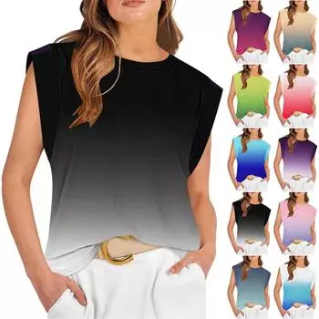 Женская мода Свободная повседневная футболка без рукавов с круглым вырезом и принтом Топ