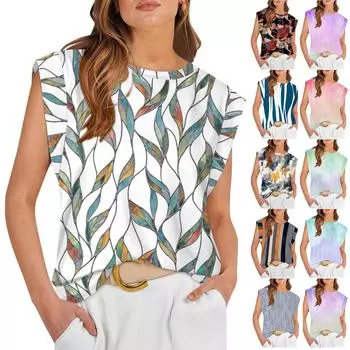 Женская мода Свободная повседневная футболка без рукавов с круглым вырезом и принтом Топ L синий