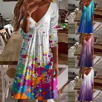 Женская мода Свободная повседневная футболка с длинными рукавами с принтом и v-образным вырезом Платье трапециевидной формы XXL разноцветный