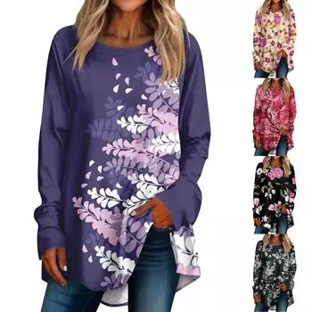 Женская мода свободная повседневная футболка с круглым вырезом и цветочным принтом, пуловер с длинными рукавами L