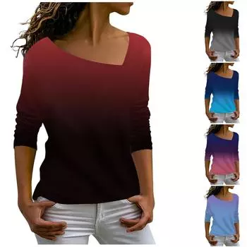 Женская мода Свободная повседневная футболка с наклонным воротником и принтом Топ с длинными рукавами XXL винный