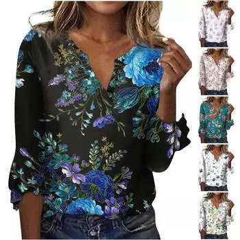 Женская мода Свободная повседневная футболка с рукавами из семи частей и v-образным вырезом с принтом колокольчиков Топ XL зелёный