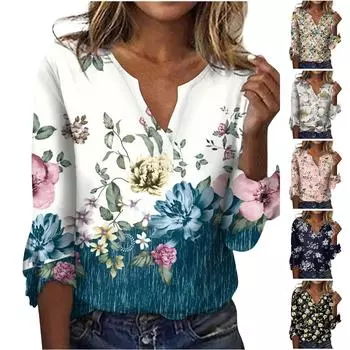 Женская мода Свободная повседневная футболка с рукавами из семи частей и v-образным вырезом с принтом колокольчиков Топ XXL тёмно-синий