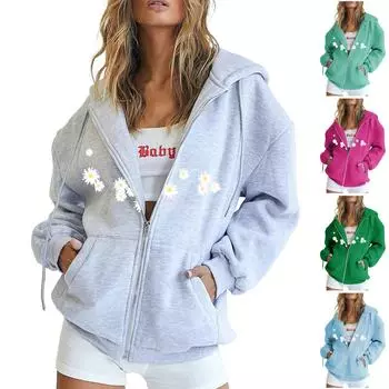 Женская мода Свободная повседневная куртка-свитер с капюшоном и длинным рукавом с принтом M