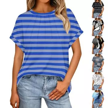 Женская мода, свободная повседневная летняя футболка, плиссированный топ с короткими рукавами и полосатым принтом XL синий
