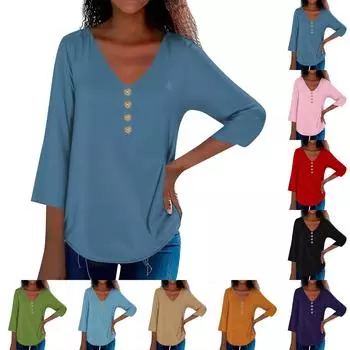 Женская мода, свободная повседневная однотонная футболка с рукавом 3/4 и воротником на пуговицах, топ XXXL синий