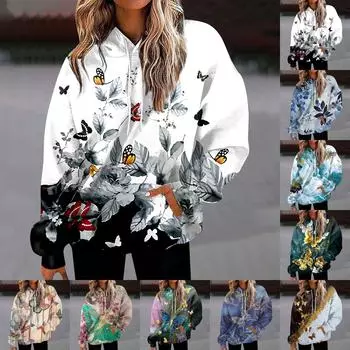 Женская мода Свободная повседневная повседневная толстовка с длинными рукавами и принтом бабочки Толстовка Топ L