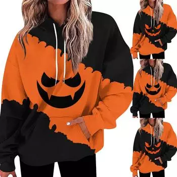 Женская мода свободная повседневная повседневная толстовка с длинным рукавом Хэллоуин улыбка принт толстовка топ XXXL