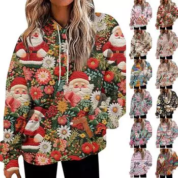 Женская мода свободная повседневная повседневная толстовка с длинным рукавом с принтом 3D Рождество свитшот Топ XL имбирный