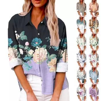 Женская мода свободная повседневная рубашка с длинным рукавом и лацканами на пуговицах с принтом и карманом L фиолетовый