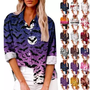 Женская мода свободная повседневная рубашка с длинным рукавом и лацканами на пуговицах с принтом Хэллоуина и карманом футболка топы XXL чёрный
