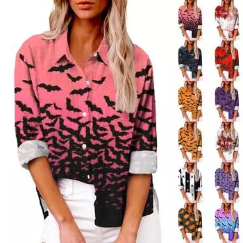 Женская мода свободная повседневная рубашка с длинным рукавом и лацканами на пуговицах с принтом Хэллоуина и карманом футболка топы XL чёрный