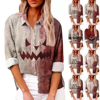 Женская мода свободная повседневная рубашка с длинным рукавом и лацканами на пуговицах с принтом Хэллоуина и карманом футболка топы XL чёрный