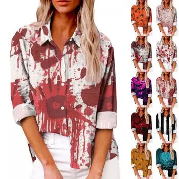 Женская мода свободная повседневная рубашка с длинным рукавом и лацканами на пуговицах с принтом Хэллоуина и карманом футболка топы XXXL