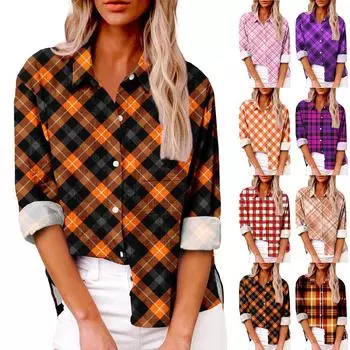 Женская мода свободная повседневная рубашка с длинным рукавом и лацканами на пуговицах с принтом и карманом XL