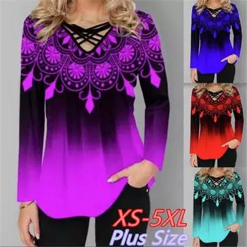 Женская мода свободная повседневная рубашка с длинными рукавами с цветочным принтом и v-образным вырезом блузки топы-туники L синий