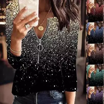 Женская мода Свободная повседневная рубашка с длинными рукавами на молнии с цветочным принтом и v-образным вырезом Блузки Туники Топы XXL красный