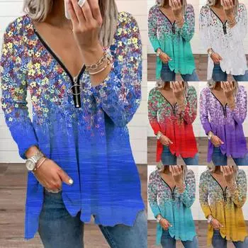 Женская мода Свободная повседневная рубашка с длинными рукавами с цветочным принтом и v-образным вырезом на молнии Блузки Туники Топы XXL белый