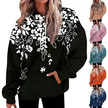 Женская мода, свободная повседневная толстовка с длинным рукавом и цветочным принтом, толстовка с принтом листьев, топ M шафрановый