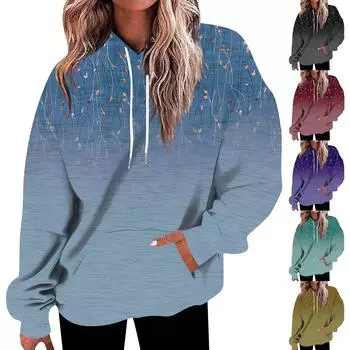 Женская мода, свободная повседневная толстовка с длинным рукавом и цветочным принтом, толстовка с принтом листьев, топ L армия зеленый