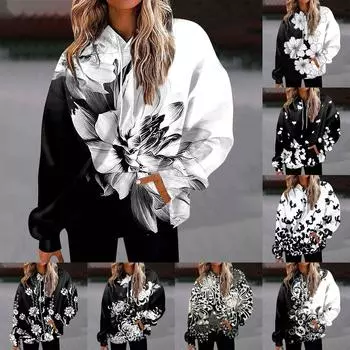 Женская мода, свободная повседневная толстовка с длинным рукавом и цветочным принтом, толстовка с принтом листьев, топ XXXL