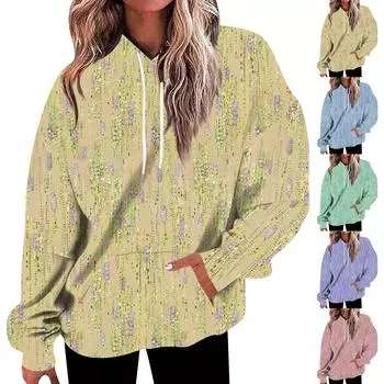 Женская мода, свободная повседневная толстовка с длинным рукавом и цветочным принтом, толстовка с принтом листьев, топ S синий