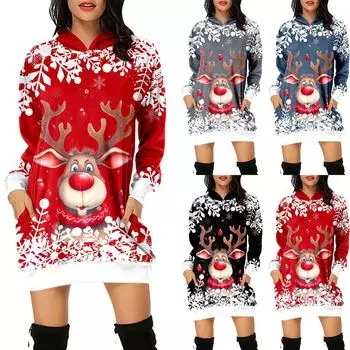 Женская мода Свободная повседневная толстовка с капюшоном с длинными рукавами и карманами с рождественским принтом Топ XXL серый