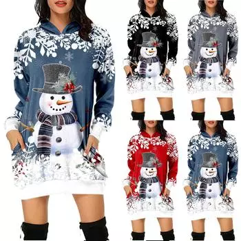 Женская мода Свободная повседневная толстовка с капюшоном с длинными рукавами и карманами с рождественским принтом Топ L чёрный