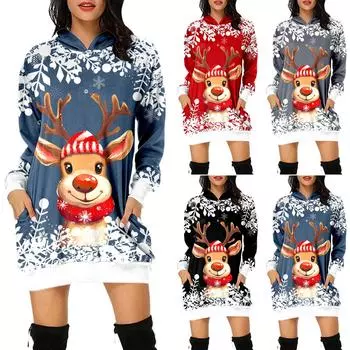 Женская мода Свободная повседневная толстовка с капюшоном с длинными рукавами и карманами с рождественским принтом Топ XL чёрный