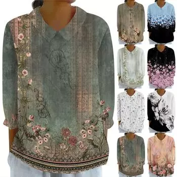 Женская мода, свободная рубашка с цветочным принтом и воротником-куклой с семью рукавами, повседневный топ на пуговицах M