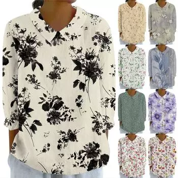 Женская мода, свободная рубашка с цветочным принтом и воротником-куклой с семью рукавами, повседневный топ на пуговицах L бежевый