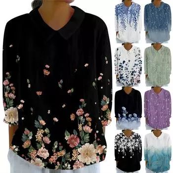 Женская мода, свободная рубашка с цветочным принтом и воротником-куклой с семью рукавами, повседневный топ на пуговицах L чёрный