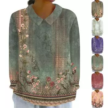 Женская мода, свободная рубашка с длинным рукавом и кукольным воротником в стиле ретро с цветочным принтом, повседневный топ на пуговицах XXXL синий