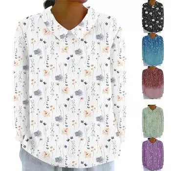 Женская мода, свободная рубашка с длинным рукавом и кукольным воротником в стиле ретро с цветочным принтом, повседневный топ на пуговицах XXXXXL синий