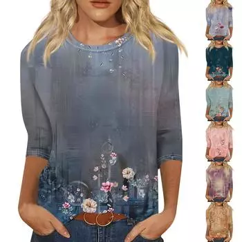 Женская мода, свободная рубашка с круглым вырезом и рукавом семь четвертей, винтажная повседневная футболка с цветочным принтом, топ
