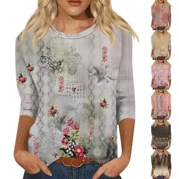 Женская мода, свободная рубашка с круглым вырезом и рукавом семь четвертей, винтажная повседневная футболка с цветочным принтом, топ
