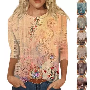 Женская мода, свободная рубашка с круглым вырезом и рукавом семь четвертей, винтажная повседневная футболка с цветочным принтом, топ