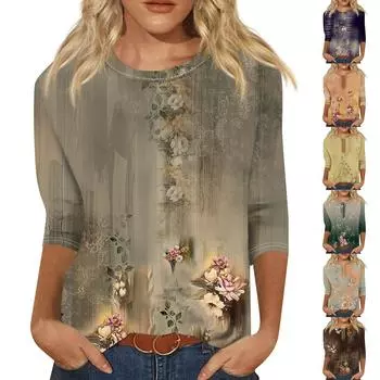 Женская мода, свободная рубашка с круглым вырезом и рукавом семь четвертей, винтажная повседневная футболка с цветочным принтом, топ