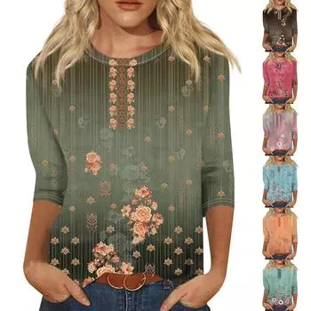 Женская мода, свободная рубашка с круглым вырезом и рукавом семь четвертей, винтажная повседневная футболка с цветочным принтом, топ