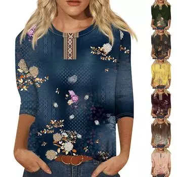 Женская мода, свободная рубашка с круглым вырезом и рукавом семь четвертей, винтажная повседневная футболка с цветочным принтом, топ L