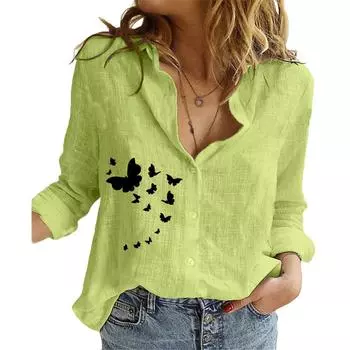 Женская мода, свободная рубашка с лацканами, летняя и осенняя хлопковая льняная рубашка на пуговицах, женские повседневные блузки с принтом S белый