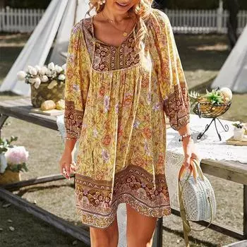 Женская мода свободное богемное платье трапециевидной формы с рукавами реглан и завязками в богемном стиле M