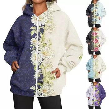 Женская мода свободного покроя повседневное повседневное пальто с длинными рукавами и капюшоном на молнии с принтом XXXXXL чёрный