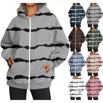 Женская мода свободного покроя повседневное повседневное пальто с длинными рукавами и капюшоном на молнии с принтом S синий