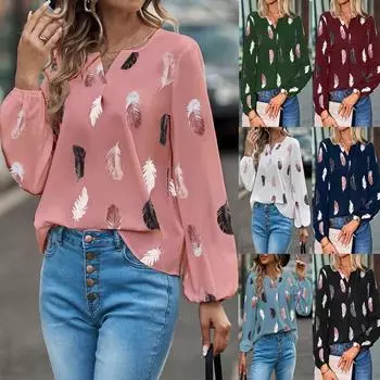 Женская мода Свободные блузки Рубашка с длинным рукавом с v-образным вырезом и принтом перьев S розовый