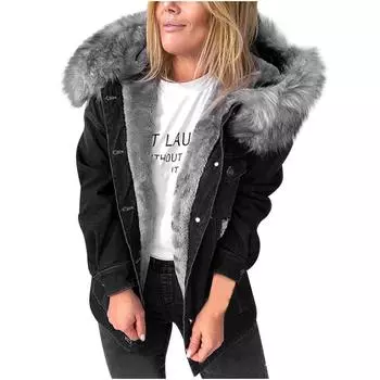 Женская мода свободные джинсовые пуговицы хлопок с длинным рукавом плюс флисовая куртка S серый