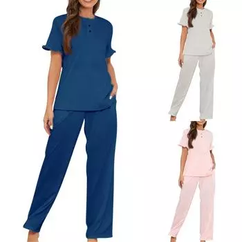 Женская мода, свободные однотонные брюки с v-образным вырезом и пуговицами, цветочными рукавами и завязками, домашняя одежда, пижамный комплект L