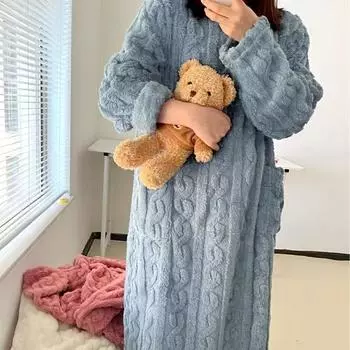 Женская мода свободные однотонные зимние ночные рубашки утолщенные фланелевые пижамы с длинным рукавом теплые жаккардовые пижамы домашняя одежда M розовый